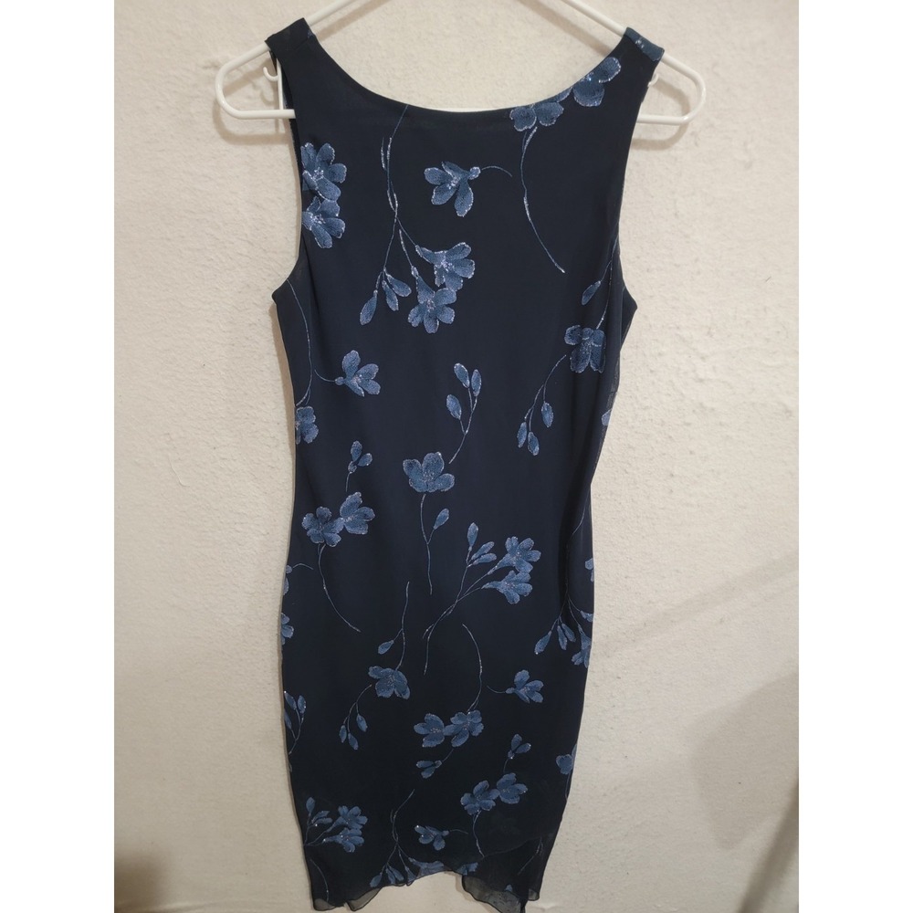 Vintage Byer Too! Navy Blue Glitter Floral Mesh Overlay‎ Dress Medium 90s Y2K